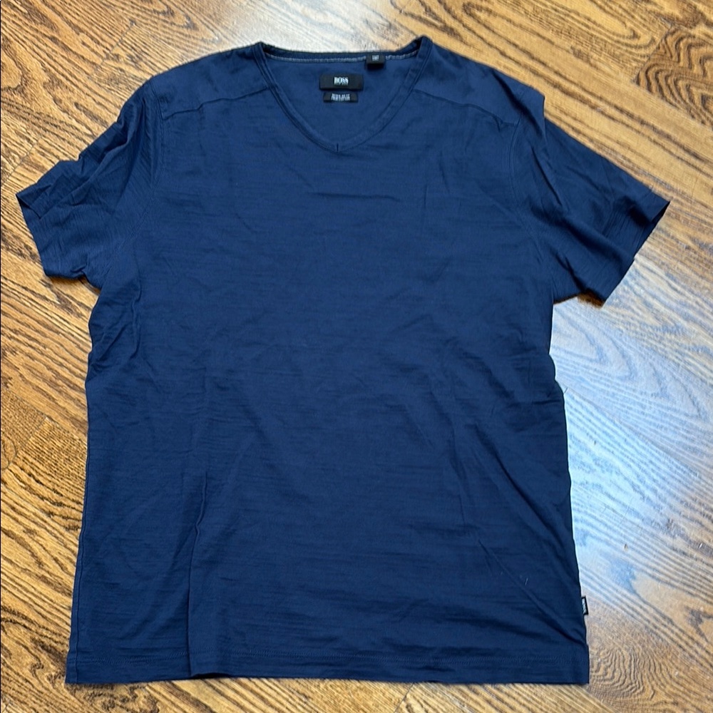 Boss Navy Pima Cotton Soft V Neck T Shirt
